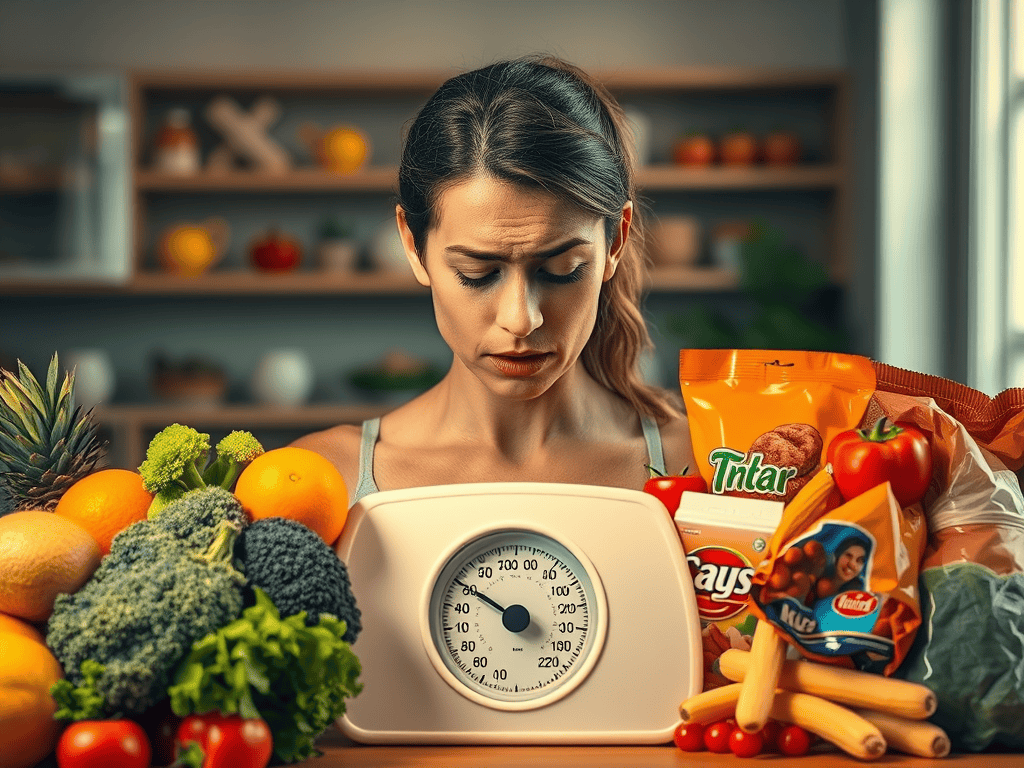 Giammonhanh30ngay.com, hình ảnh người phụ nữ lo lắng cân thực phẩm giảm cân.